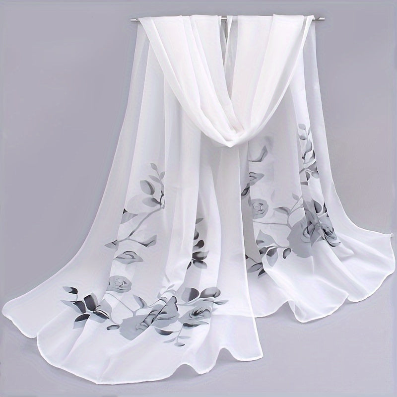 Elegant floral print chiffon scarf, perfect for summer days as a shawl, beach towel, or hair accessory.