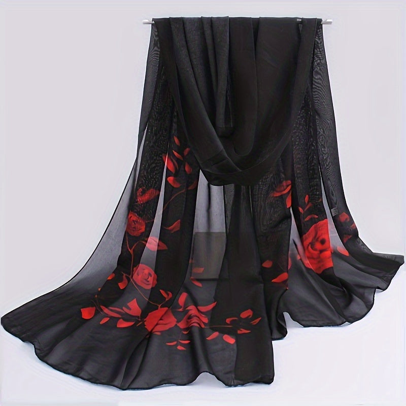 Elegant floral print chiffon scarf, perfect for summer days as a shawl, beach towel, or hair accessory.