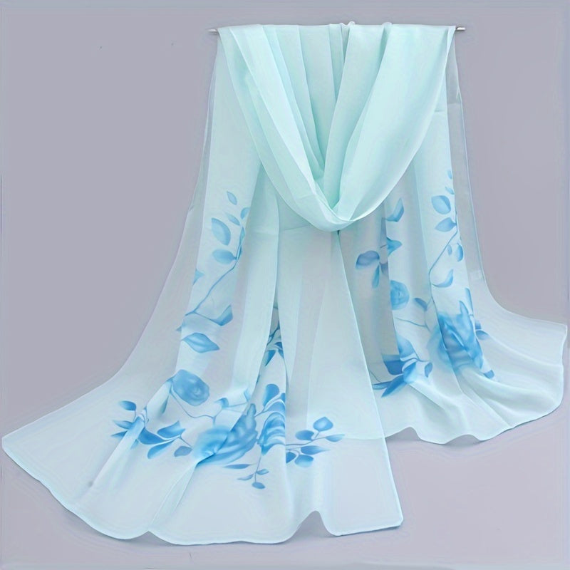 Elegant floral print chiffon scarf, perfect for summer days as a shawl, beach towel, or hair accessory.