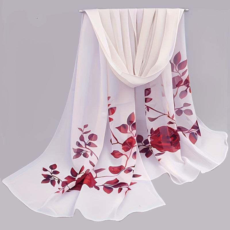 Elegant floral print chiffon scarf, perfect for summer days as a shawl, beach towel, or hair accessory.