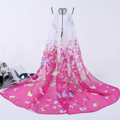 150.01cm x 50.01cm Chiffon Scarf with Butterfly Print, Elegant Shawl for Summer Beach or Casual Wear