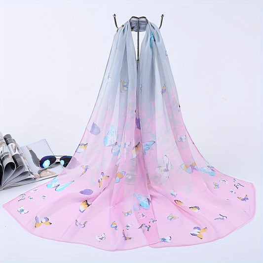 150.01cm x 50.01cm Chiffon Scarf with Butterfly Print, Elegant Shawl for Summer Beach or Casual Wear