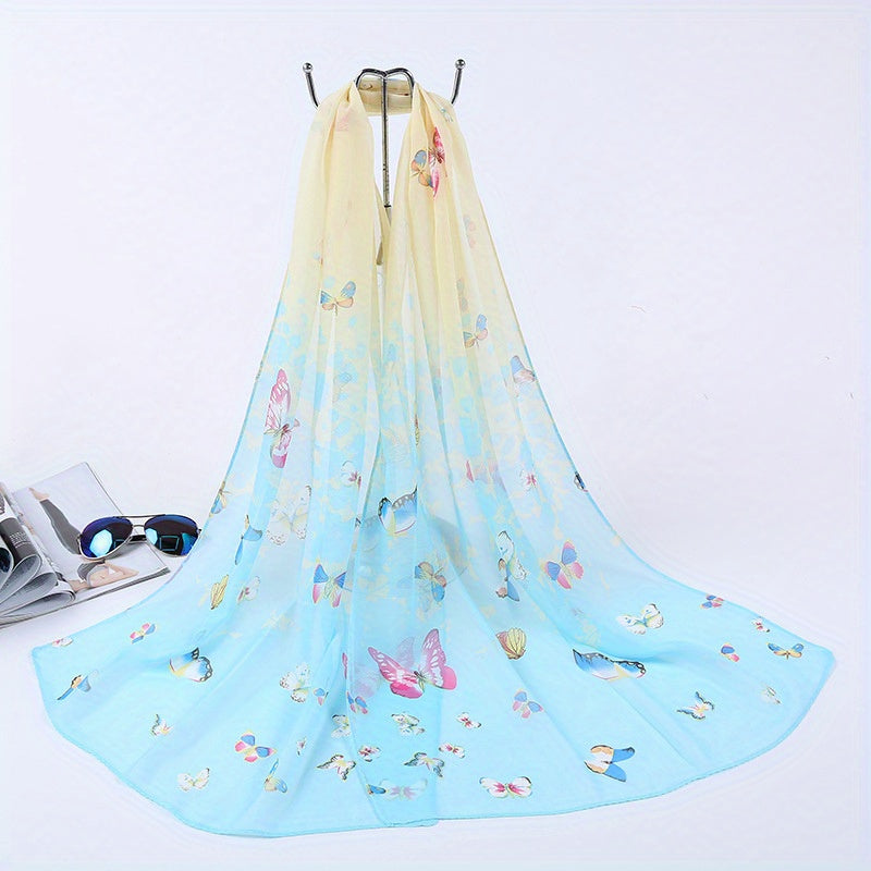 150.01cm x 50.01cm Chiffon Scarf with Butterfly Print, Elegant Shawl for Summer Beach or Casual Wear