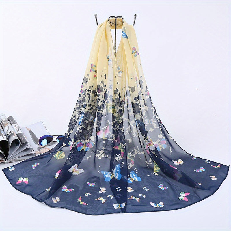 150.01cm x 50.01cm Chiffon Scarf with Butterfly Print, Elegant Shawl for Summer Beach or Casual Wear