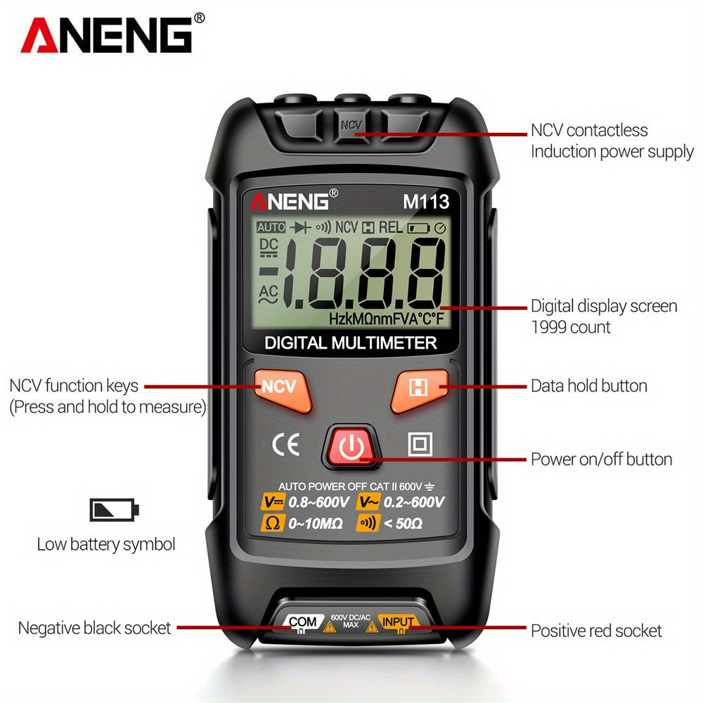 ANENG M113 Mini Digital Multimeter with 1999 Counts for AC/DC Voltage Meter, Battery Powered, ABS Material, NCV Induction, Auto Recognition, Resistance/ON/OFF, Electricity Measuring Tool.