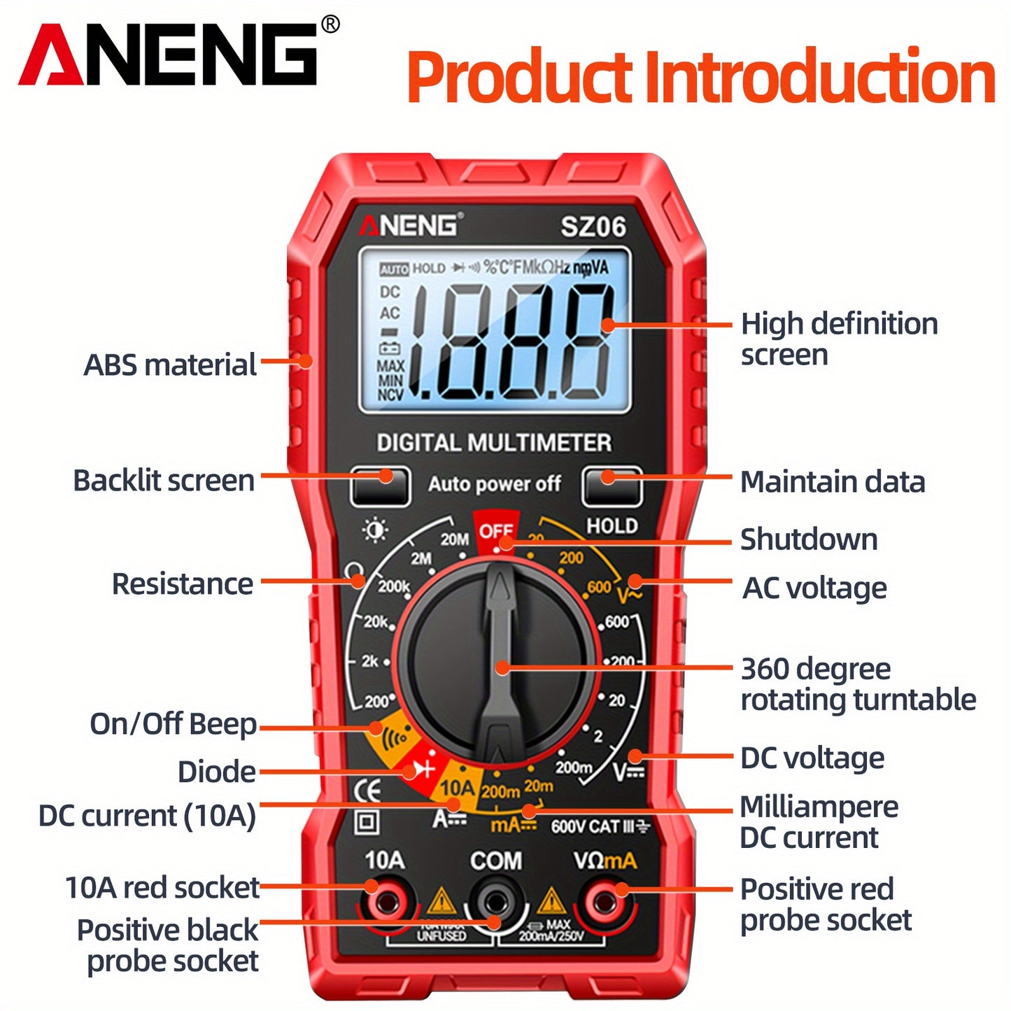 ANENG SZ06 2000 Count Digital Multimeter with AC/DC Voltage, DC Current, and Ohm Testing capabilities.