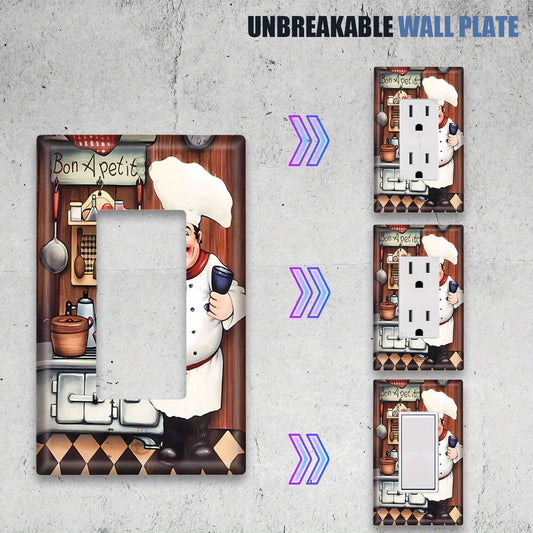 Chef-themed decorative wall panel cover for kitchen or dining area. Features chef illustration, modern design, and easy installation. No electricity needed. Versatile home decor accessory.