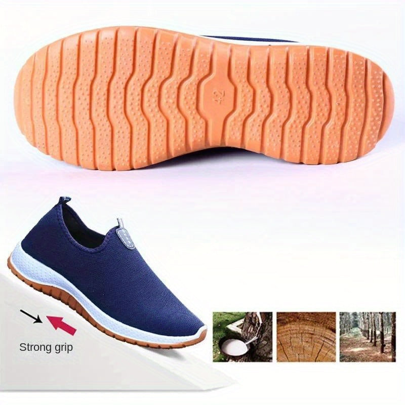 Middle aged men's slip on canvas walking shoes with non-slip rubber soles.