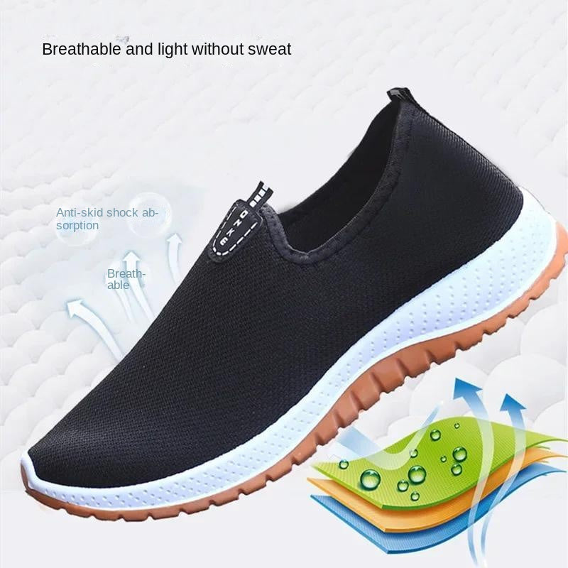 Middle aged men's slip on canvas walking shoes with non-slip rubber soles.