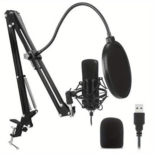 USB condenser microphone kit with metal arm and shield for recording, gaming, karaoke, and streaming. Black color, no battery needed.