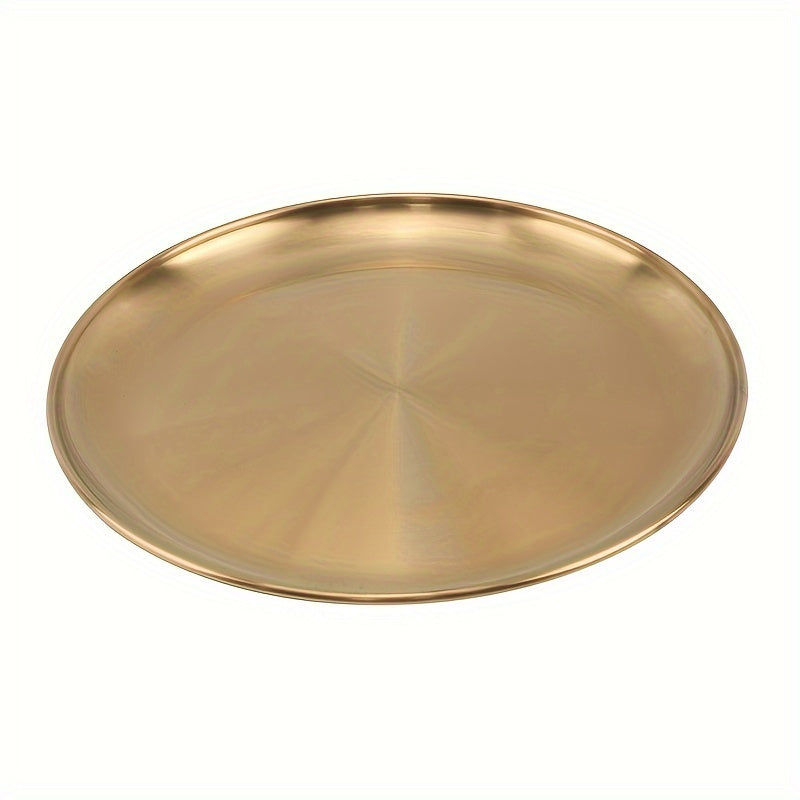 Versatile golden stainless steel serving tray perfect for BBQ, desserts, and steak, ideal for weddings and parties. Durable, easy to clean.