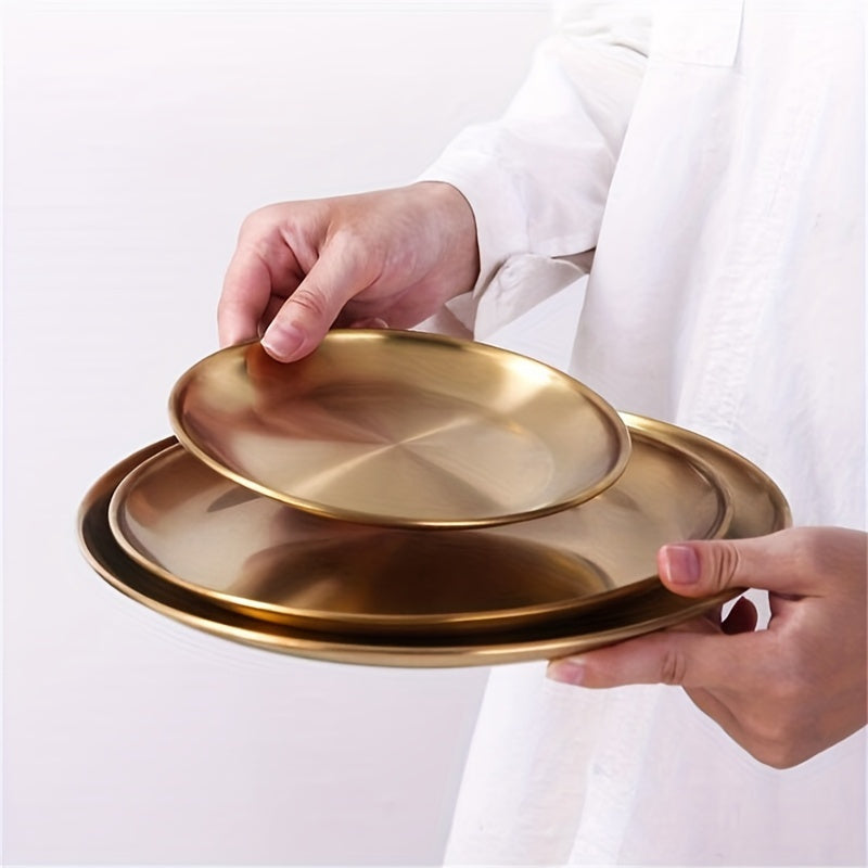 Versatile golden stainless steel serving tray perfect for BBQ, desserts, and steak, ideal for weddings and parties. Durable, easy to clean.