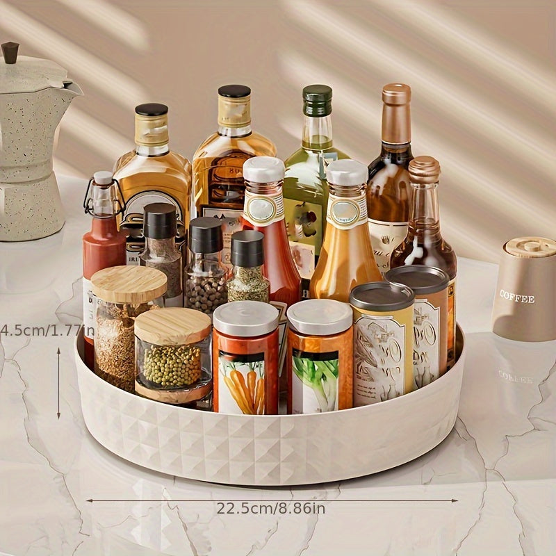 Rotating Condiment Rack Organizer - 1 Piece, Multi-Functional Kitchen Storage Tray for Spices, Oils, and Vinegar Bottles, Plastic Countertop Corner Shelf with 360° Turntable, Spice and Salt Storage.