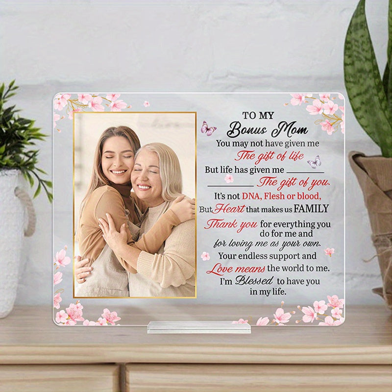 Give Mom a thoughtful gift with a Personalized Acrylic Photo Frame Plaque featuring a custom message. This sentimental desk decor is perfect for Mother's Day, birthdays, or Christmas from a son or daughter. Made from durable acrylic material, this frame