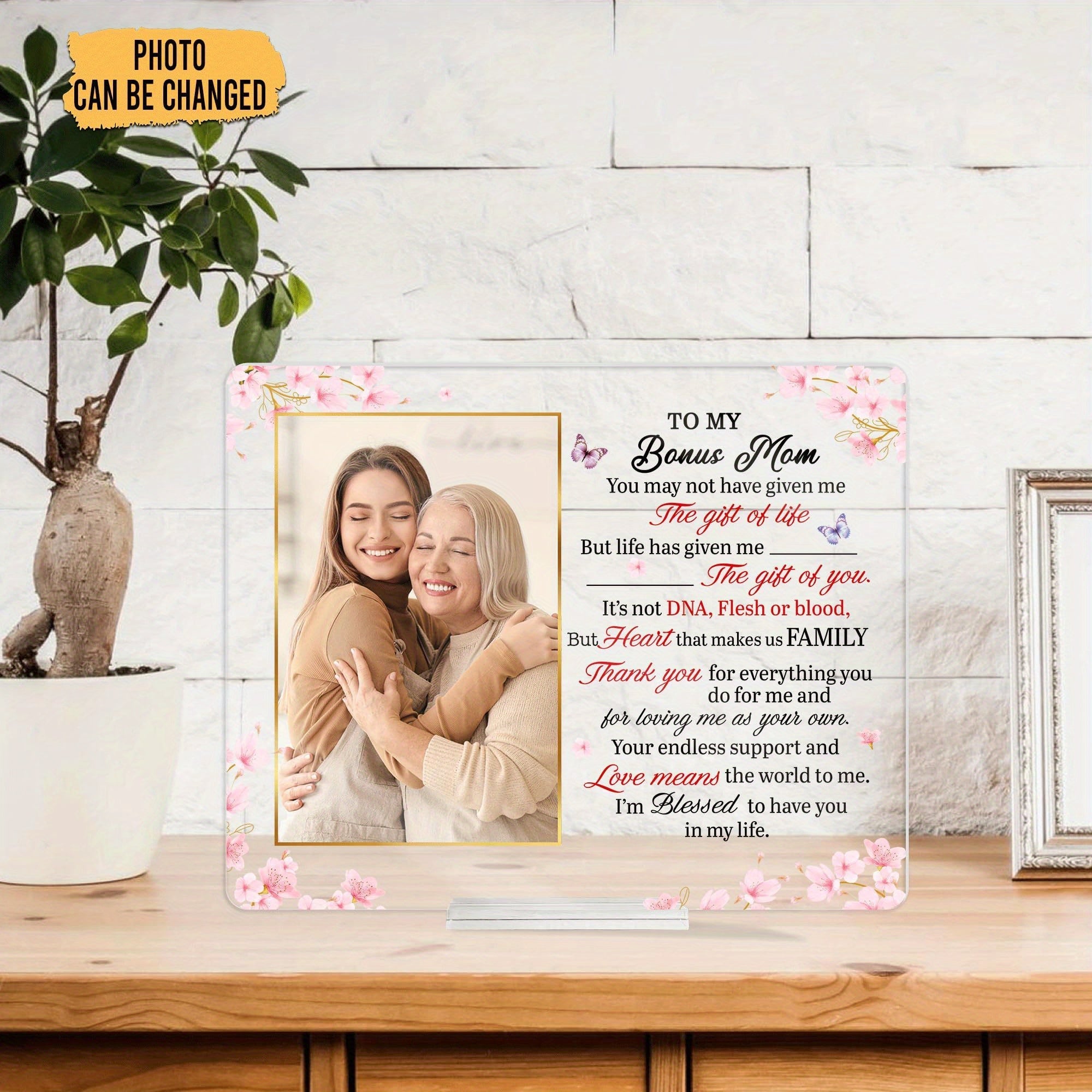 Give Mom a thoughtful gift with a Personalized Acrylic Photo Frame Plaque featuring a custom message. This sentimental desk decor is perfect for Mother's Day, birthdays, or Christmas from a son or daughter. Made from durable acrylic material, this frame