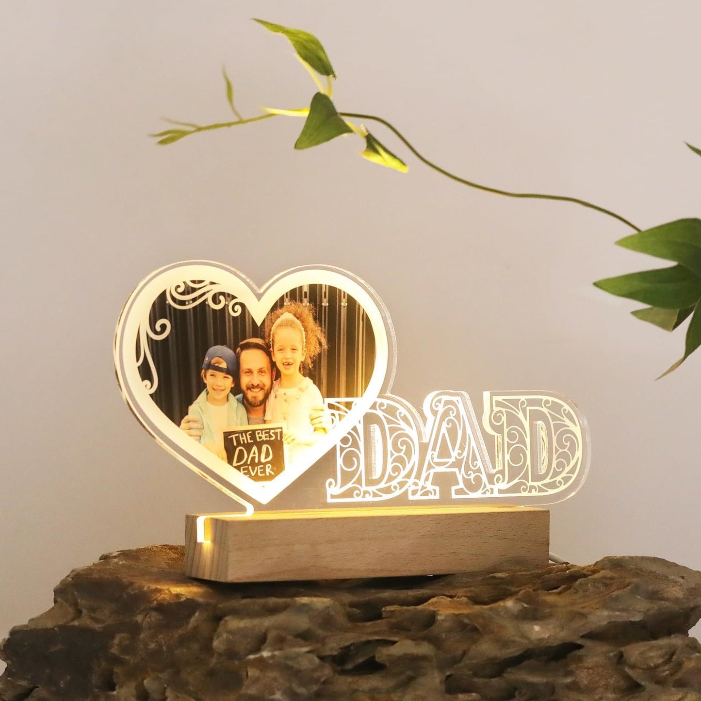 Personalized LED Heart Photo Plaque for Dad - Customized Gift for Father's Day or Birthday, Comes with USB Power, Ideal Keepsake for Dad