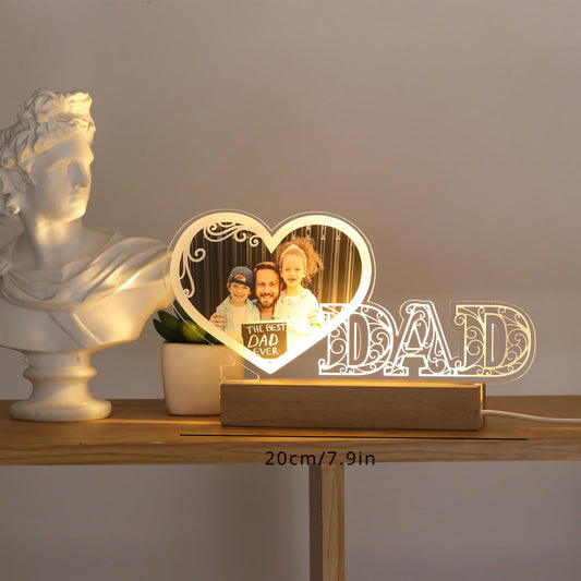 Personalized LED Heart Photo Plaque for Dad - Customized Gift for Father's Day or Birthday, Comes with USB Power, Ideal Keepsake for Dad