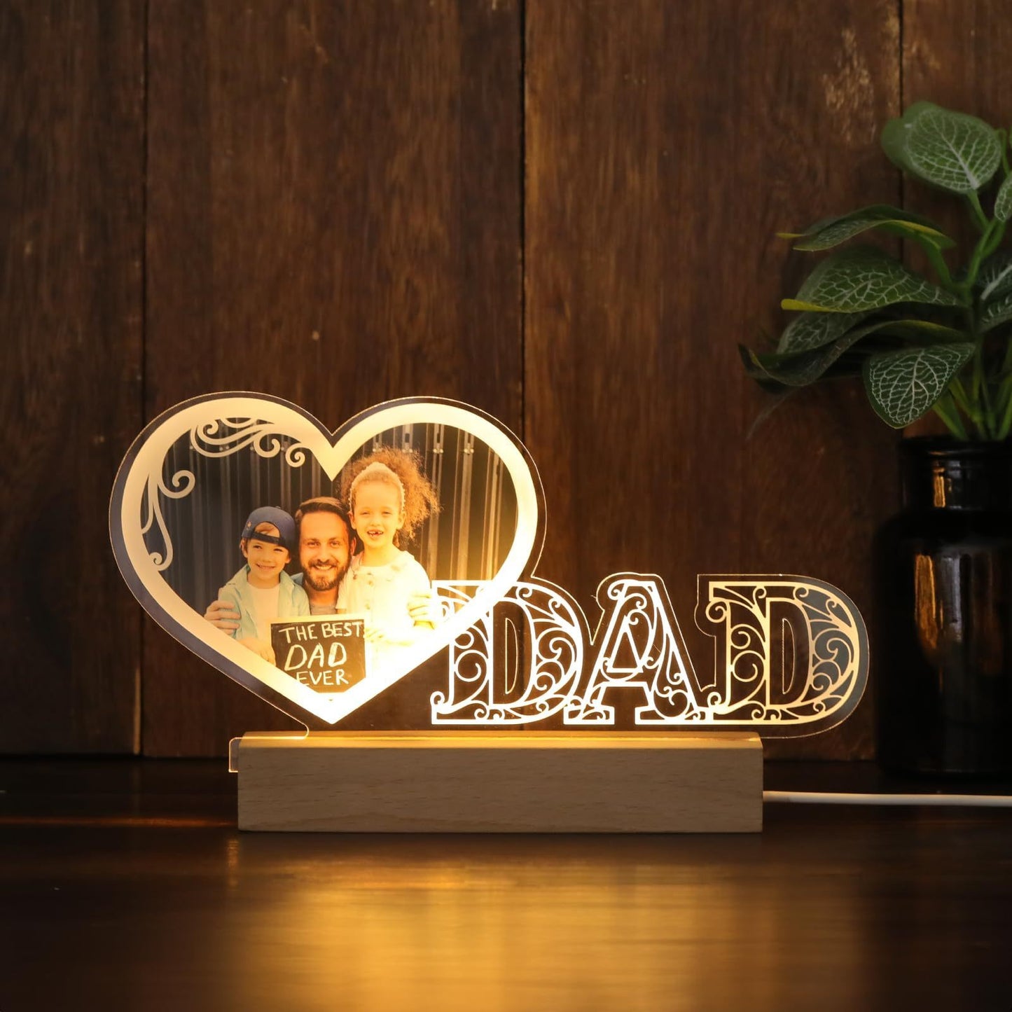 Personalized LED Heart Photo Plaque for Dad - Customized Gift for Father's Day or Birthday, Comes with USB Power, Ideal Keepsake for Dad