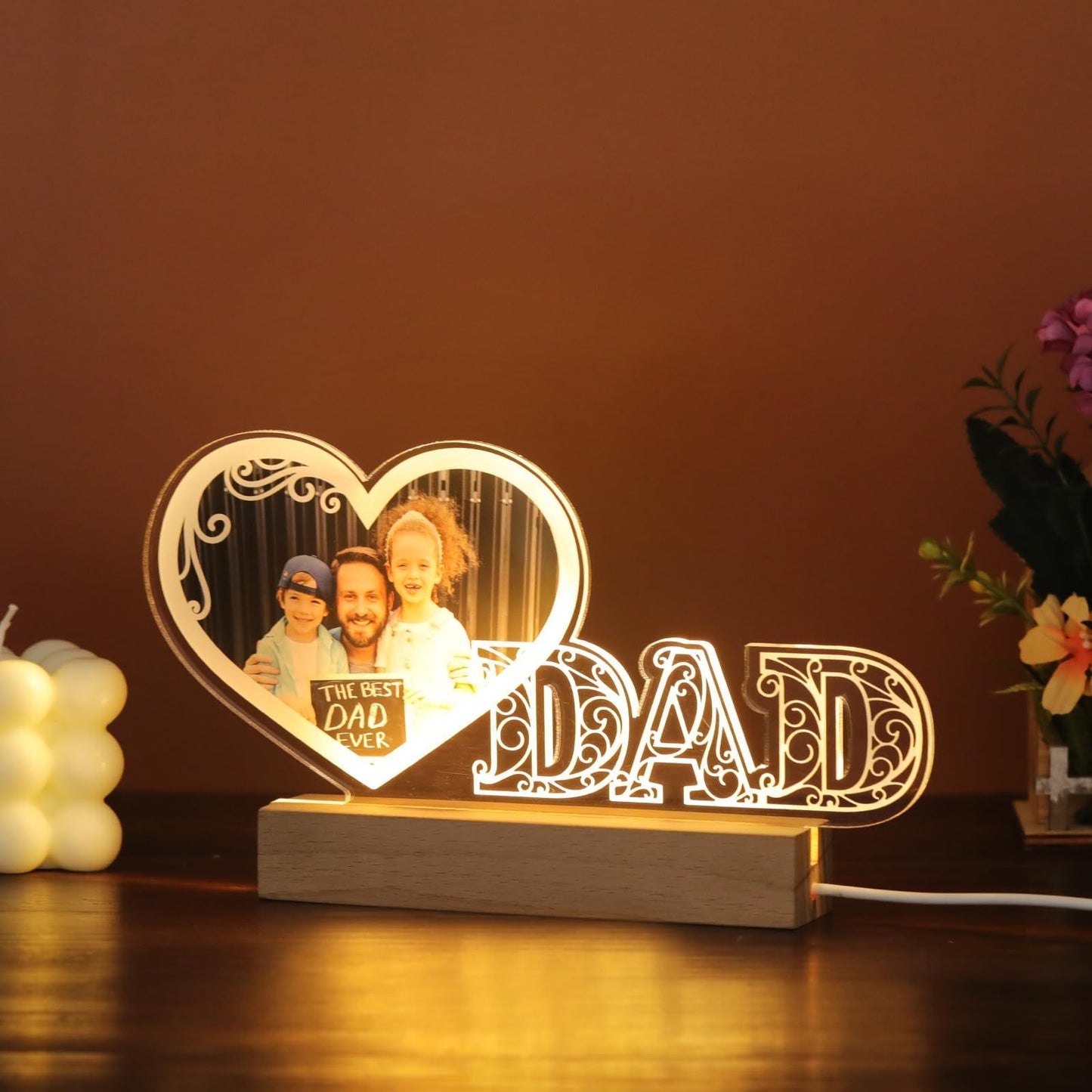 Personalized LED Heart Photo Plaque for Dad - Customized Gift for Father's Day or Birthday, Comes with USB Power, Ideal Keepsake for Dad