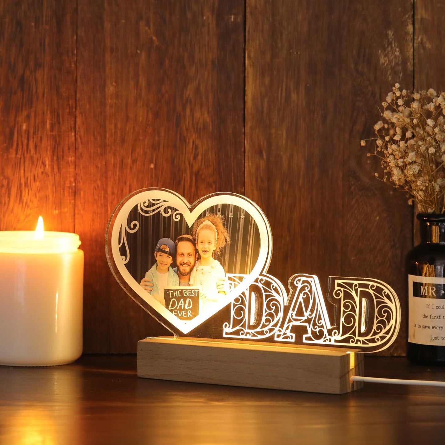 Personalized LED Heart Photo Plaque for Dad - Customized Gift for Father's Day or Birthday, Comes with USB Power, Ideal Keepsake for Dad