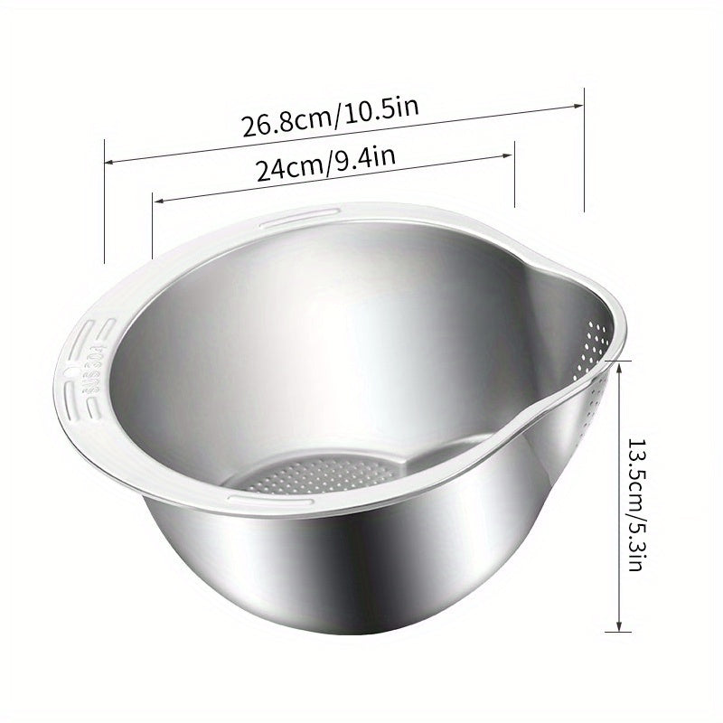 Versatile stainless steel rice washing basket for fruits, vegetables, and grains.