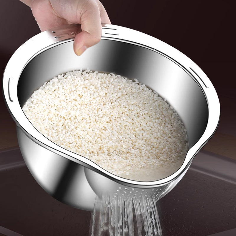 Versatile stainless steel rice washing basket for fruits, vegetables, and grains.