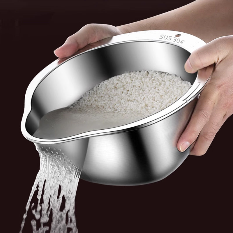 Versatile stainless steel rice washing basket for fruits, vegetables, and grains.