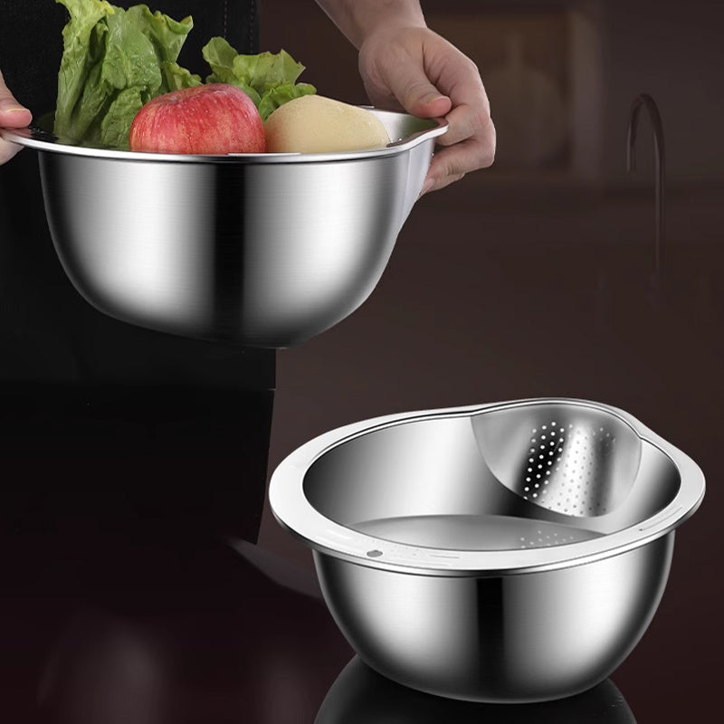 Versatile stainless steel rice washing basket for fruits, vegetables, and grains.