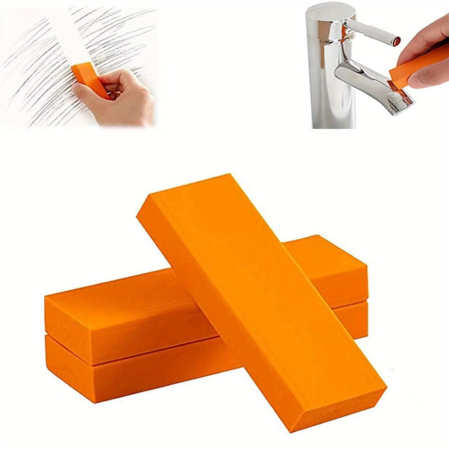 Three-piece set of stainless steel erasers with orange rubber, designed to remove rust in kitchens and bathrooms. Ideal for cleaning toilet stains at home.