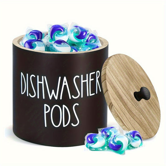 Wooden dishwasher pod holder with lid for detergent pods and tablets, a space-saving kitchen and laundry organizer.