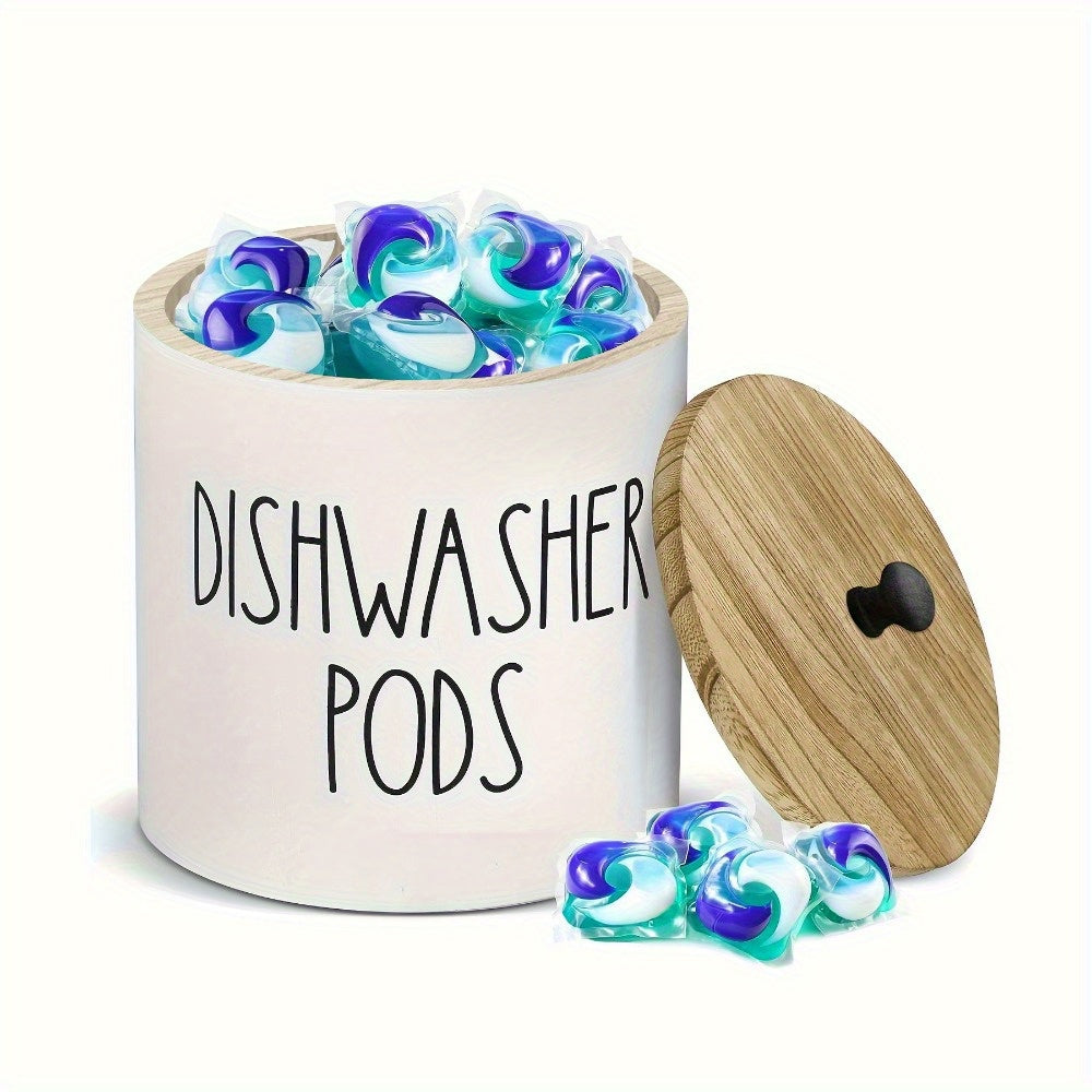 Wooden dishwasher pod holder with lid for detergent pods and tablets, a space-saving kitchen and laundry organizer.