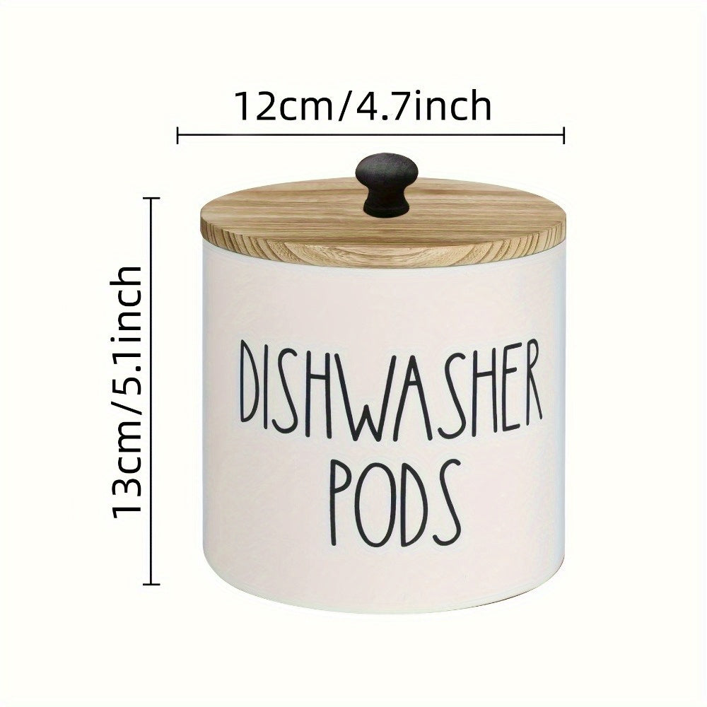 Wooden dishwasher pod holder with lid for detergent pods and tablets, a space-saving kitchen and laundry organizer.