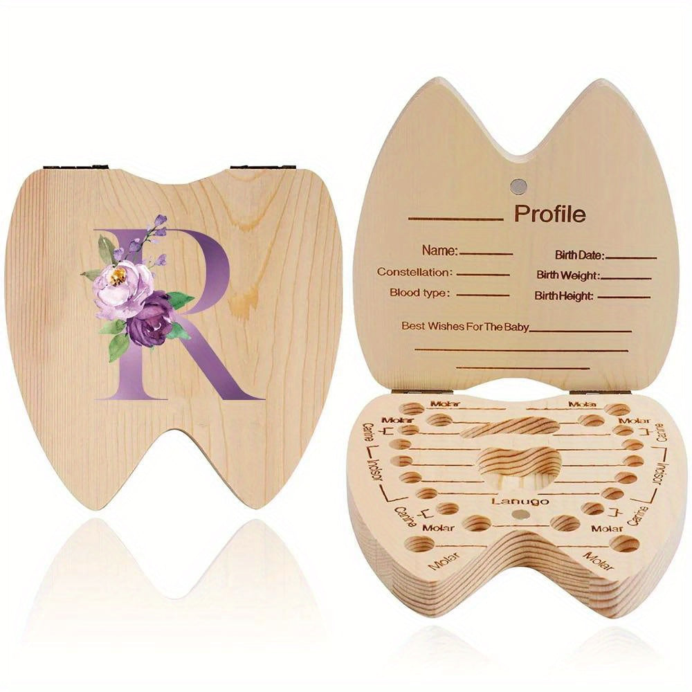 Wooden tooth keepsake case for youngsters, with hexagonal flip-top design. Personalized with initial and name in purple. Ideal for storing youngsters' teeth. Makes a perfect gift for youngsters' birthdays or showers.