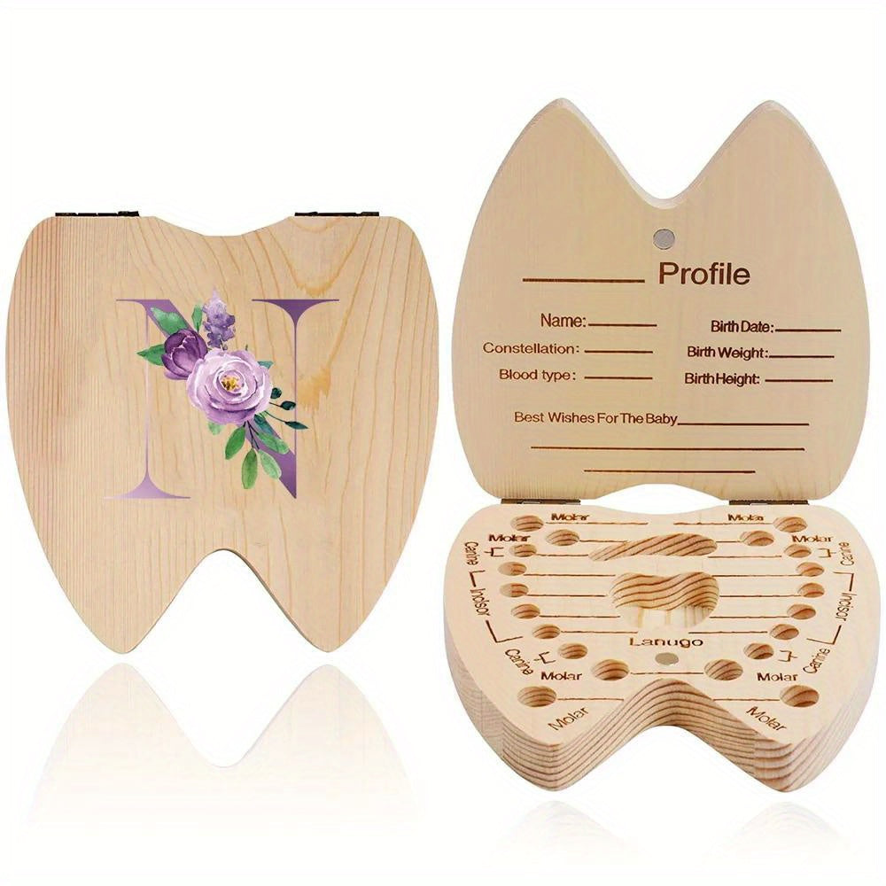 Wooden tooth keepsake case for youngsters, with hexagonal flip-top design. Personalized with initial and name in purple. Ideal for storing youngsters' teeth. Makes a perfect gift for youngsters' birthdays or showers.