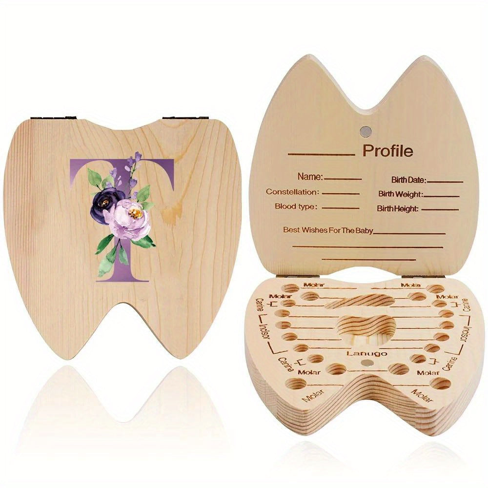 Wooden tooth keepsake case for youngsters, with hexagonal flip-top design. Personalized with initial and name in purple. Ideal for storing youngsters' teeth. Makes a perfect gift for youngsters' birthdays or showers.