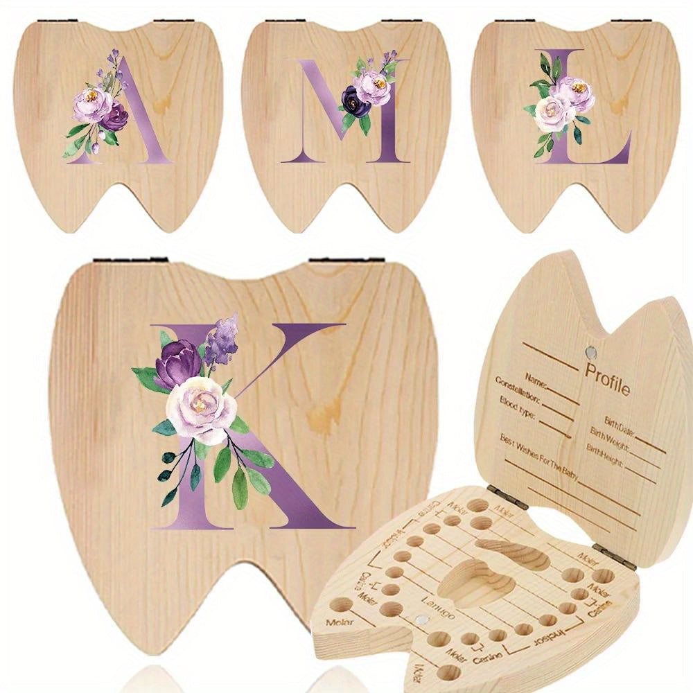 Wooden tooth keepsake case for youngsters, with hexagonal flip-top design. Personalized with initial and name in purple. Ideal for storing youngsters' teeth. Makes a perfect gift for youngsters' birthdays or showers.