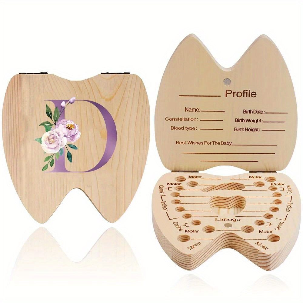 Wooden tooth keepsake case for youngsters, with hexagonal flip-top design. Personalized with initial and name in purple. Ideal for storing youngsters' teeth. Makes a perfect gift for youngsters' birthdays or showers.