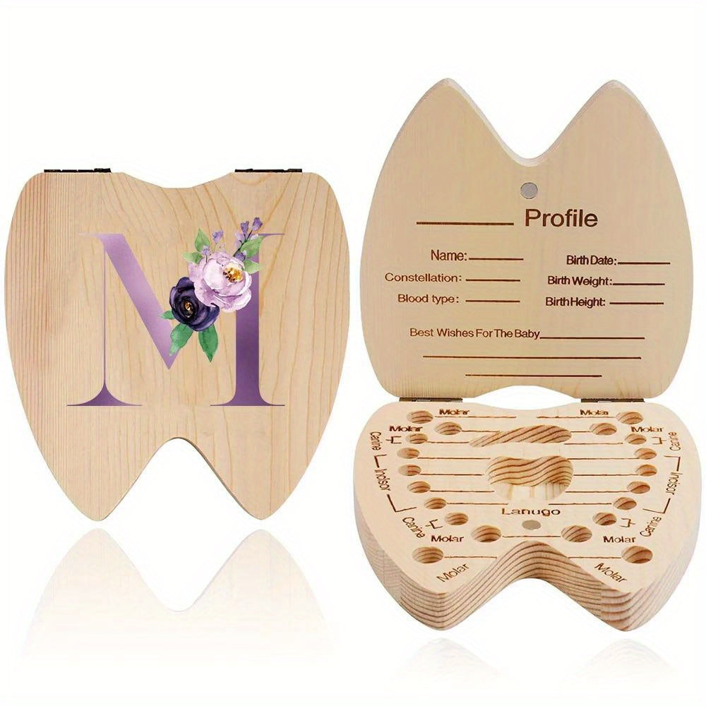 Wooden tooth keepsake case for youngsters, with hexagonal flip-top design. Personalized with initial and name in purple. Ideal for storing youngsters' teeth. Makes a perfect gift for youngsters' birthdays or showers.