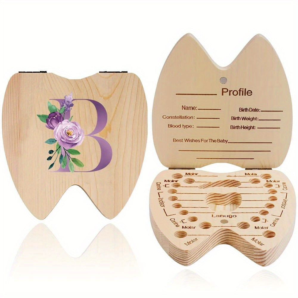 Wooden tooth keepsake case for youngsters, with hexagonal flip-top design. Personalized with initial and name in purple. Ideal for storing youngsters' teeth. Makes a perfect gift for youngsters' birthdays or showers.