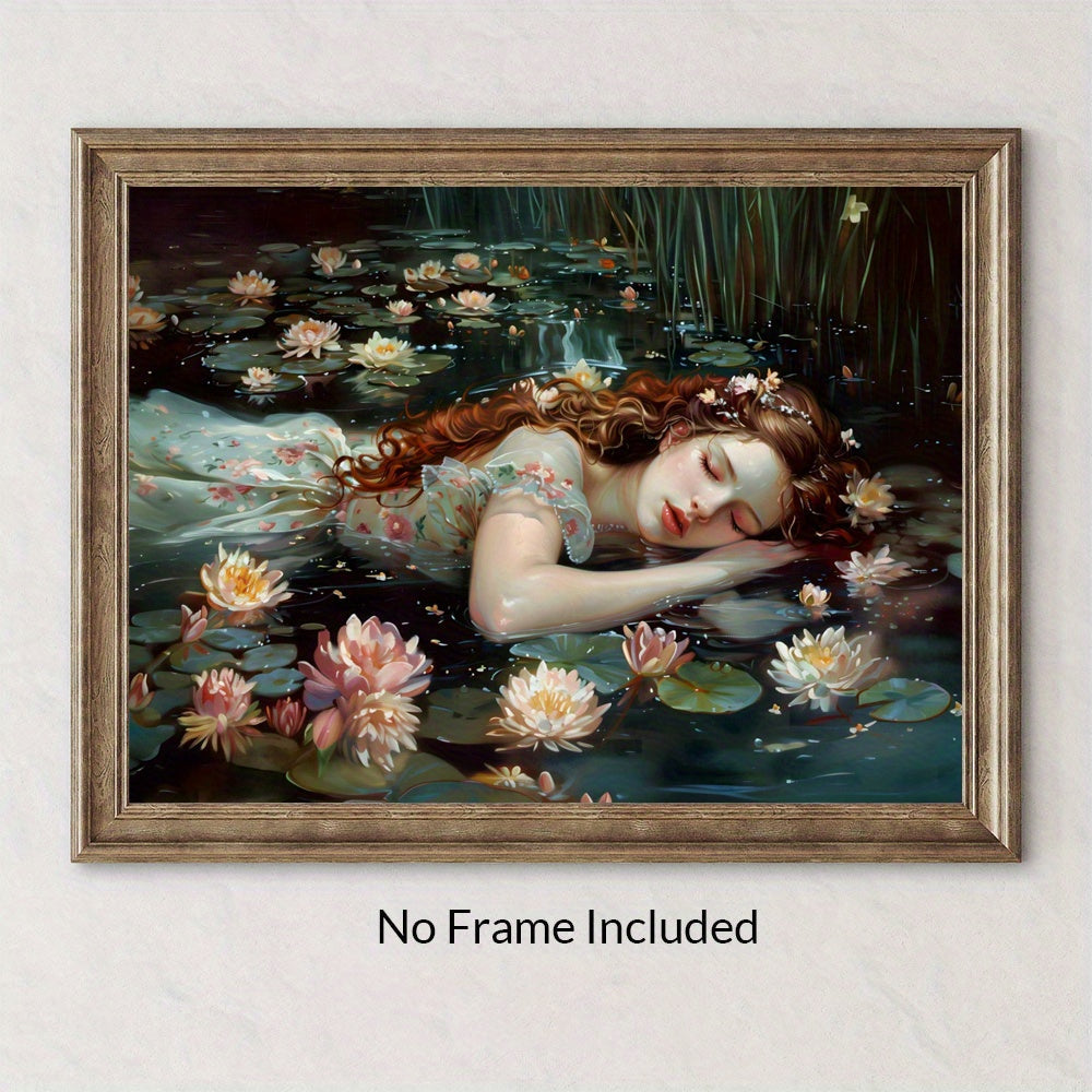 Ophelia & Floral Canvas Art - Dark Academia Gothic Victorian Wall Decor, Moody Aesthetic Print for Living Room or Bedroom, 29.97x39.88 cm Unframed