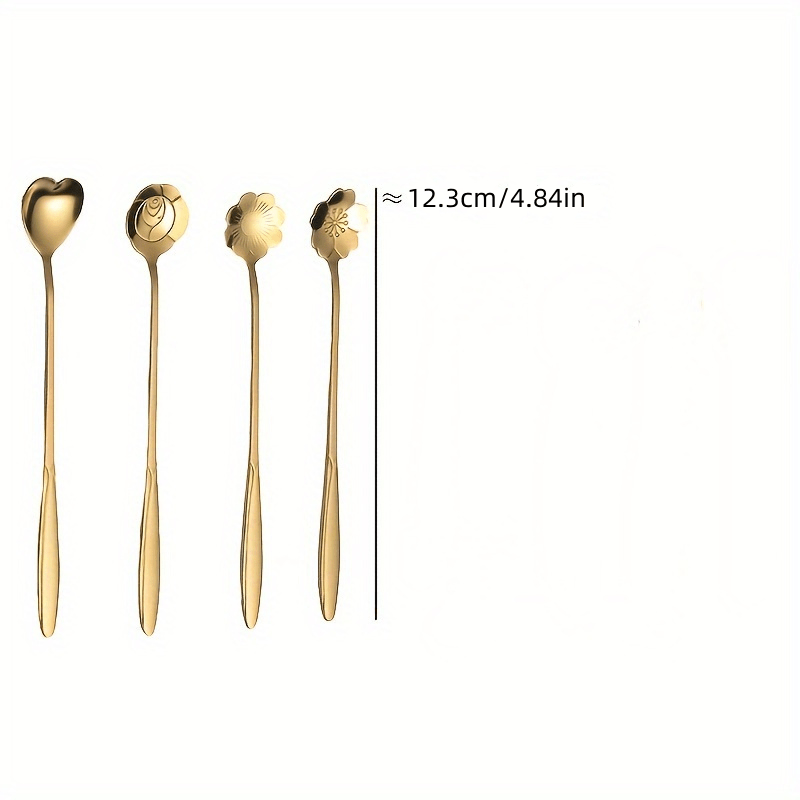 Set of 8 elegant floral stainless steel teaspoons with sunflower, rose, and daisy designs, perfect for coffee, desserts, and ice cream. Features golden finish, decorative handles, and