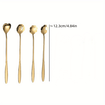 Set of 8 elegant floral stainless steel teaspoons with sunflower, rose, and daisy designs, perfect for coffee, desserts, and ice cream. Features golden finish, decorative handles, and