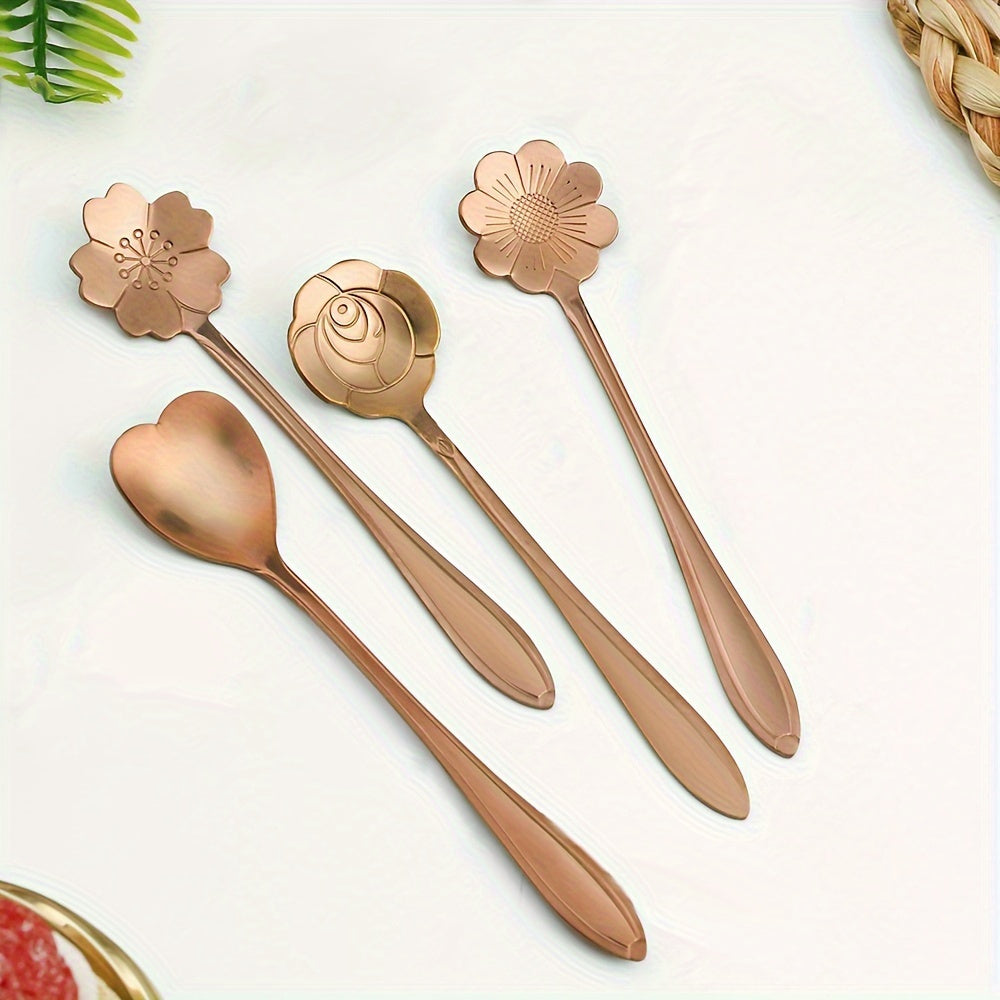 Set of 8 elegant floral stainless steel teaspoons with sunflower, rose, and daisy designs, perfect for coffee, desserts, and ice cream. Features golden finish, decorative handles, and