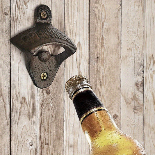 Vintage cast iron wall mounted bottle opener for bar, party, beer, and wine. Durable "Open Here" cap remover.