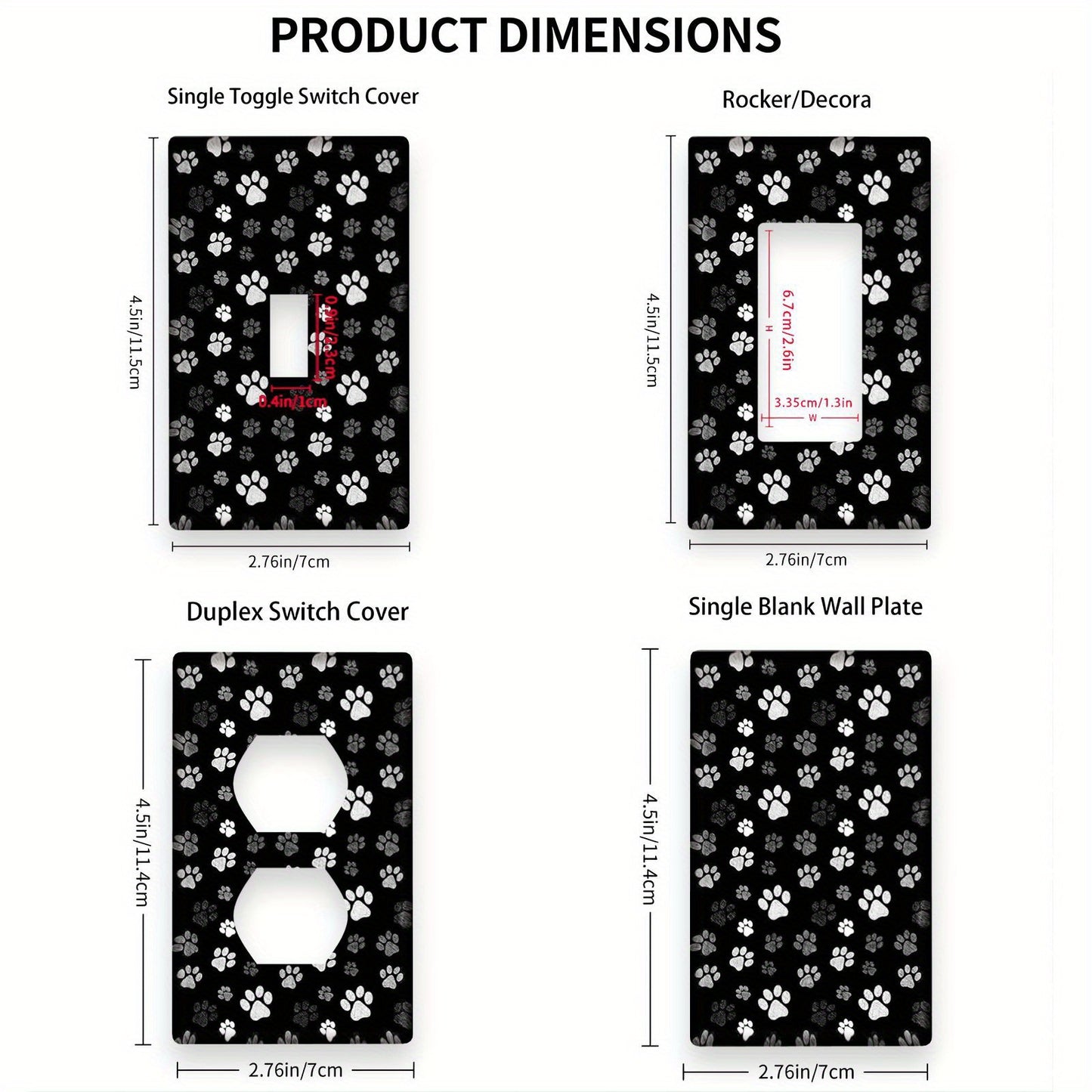 Dog paw print wall plate with single toggle switch cover, no electricity required, suitable for various rooms, durable design.