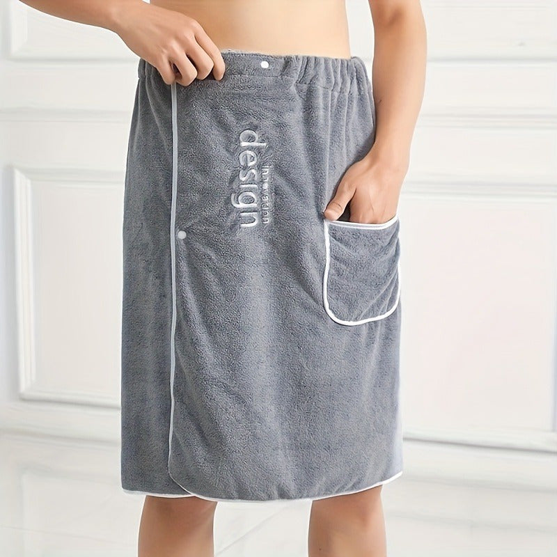 Men's wearable bath towel with embroidered design, soft and absorbent coral fleece material, ideal for use in the bathroom or sauna.