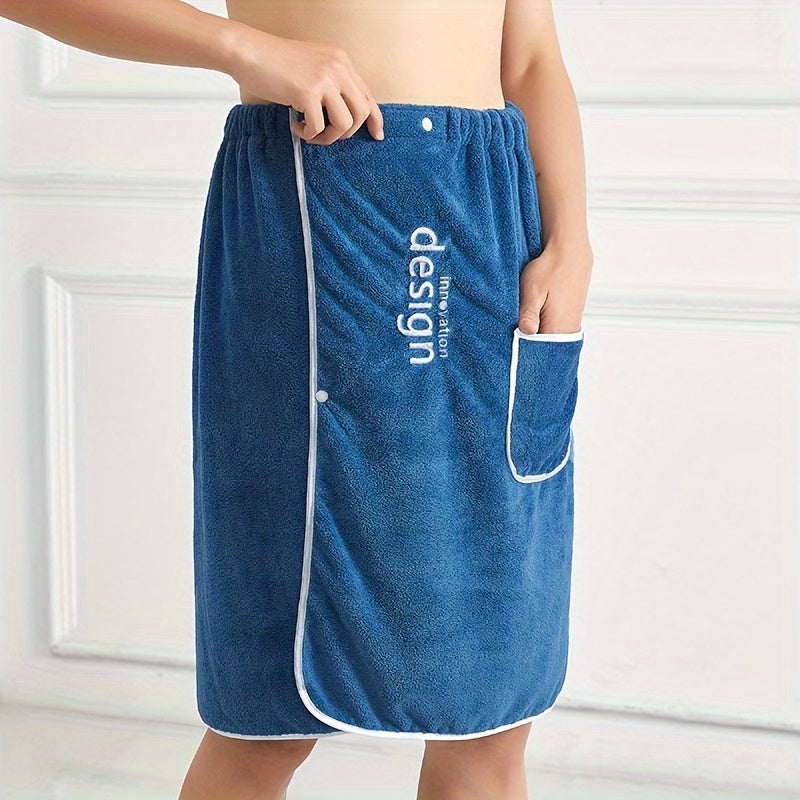 Men's wearable bath towel with embroidered design, soft and absorbent coral fleece material, ideal for use in the bathroom or sauna.