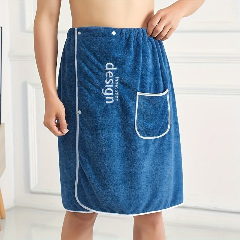 Men's wearable bath towel with embroidered design, soft and absorbent coral fleece material, ideal for use in the bathroom or sauna.