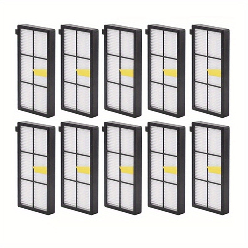 A 10-pack of iRobot vacuum filters that are compatible with the 800, 900, 870, 880, and 980 series. These high-efficiency HEPA replacement filters come with a bonus bumper strip and durable plastic floor attachment accessories.