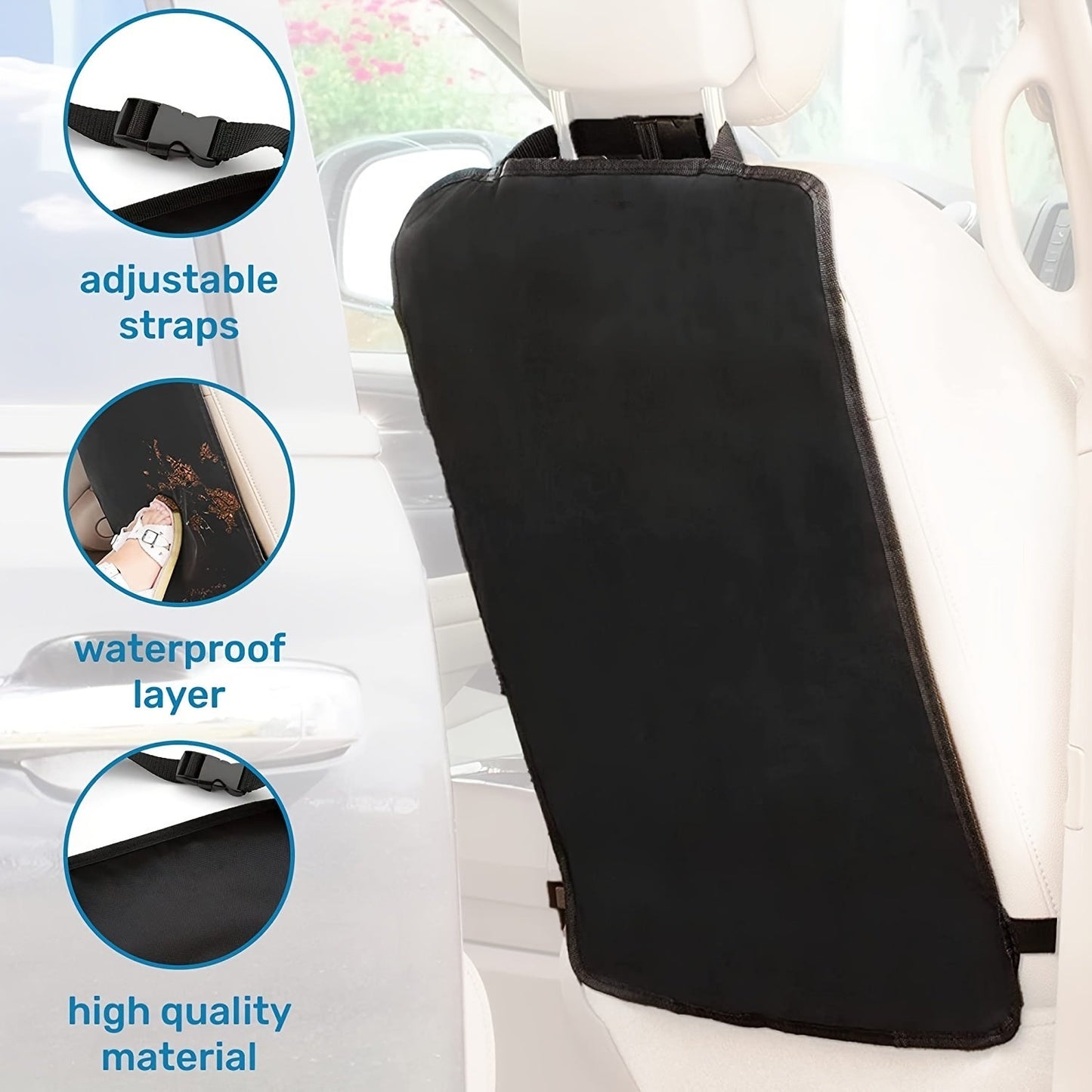 Two premium waterproof car seat back protectors, designed to withstand the messes of youngsters and protect upholstery from dirt, scratches, and spills. Easy to clean and install, these durable kick mats are a must-have for any car owner.